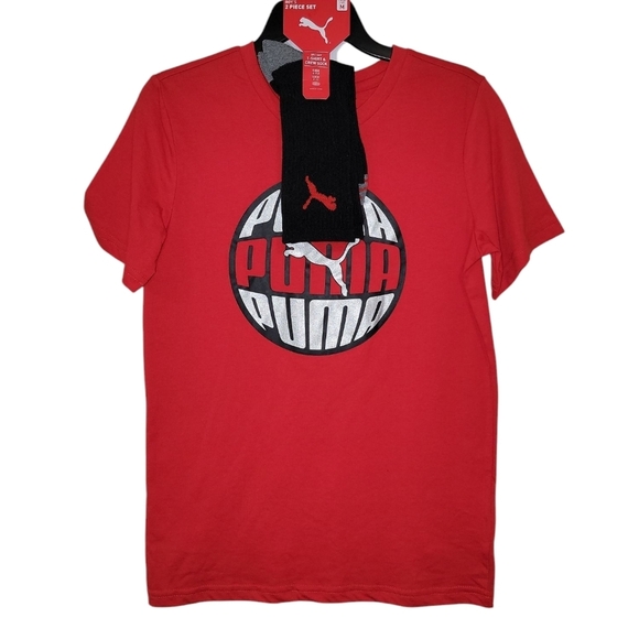 Puma Boys Red Graphic T-Shirt & Crew Socks NWT Size Medium - Picture 1 of 3